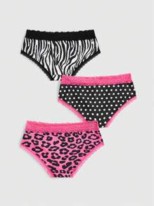 ROMWE J-Fashion 3pcs Y2K Gyaru Harajuku Leopard Zebra Print & Polka Dot Lace Patchwork Briefs Panties Set - Multicolor - View 2