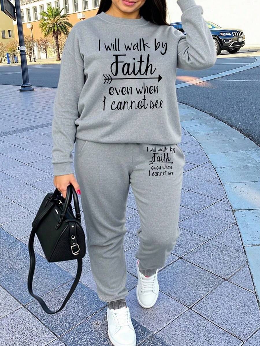 Maweii 两件套连帽衫套装，女士加大码圆领口号图案连帽衫套装，适合秋冬季，女士服装 - 灰色 - 查看 1