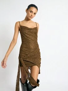 AiiRZ 垂褶蕾丝迷你连衣裙，侧边裹身设计，适合派对、秋季婚礼宾客、特殊场合晚宴等场合，秋季系列 - 軍綠色 - 查看 6