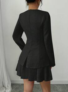 Selianne Women V-Neck Pink Fitted Blazer + Pleated Mini Skirt 2 Pieces Suit Set, Autumn Fall Cloth For Women - Black - View 2