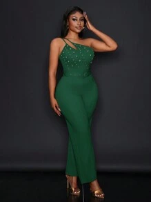 Slaydiva New Elegant Party Daily Date Shoulder Double Spaghetti Straps Bead Metal Decoration Straight Extra Long Pants Jumpsuit-W - Dark Green - View 4