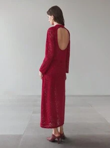 Ontre Women's Deep Red Lace Backless Fitted Long Sleeve Elegant Party Dress For Christmas & New Year - Red - View 2
