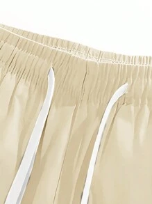 男士休闲撞色格子长袖T恤和裤子套装，秋季 - 杏色 - 查看 3