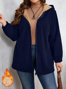 Plus Size Solid Color Thermal Lined Hooded Zip Up Long Sleeve Jacket, Autumn/Winter - Navy Blue - View 4