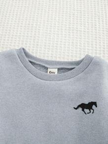 Cozy Pixies 2pcs/Set Baby Boy Mustang Horse Pattern Crew Neck Long Sleeve Sweatshirt And Jogger Pants Set - Light Grey - View 4