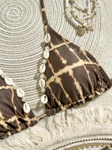 SHEIN Swim 夏季海滩女士比基尼泳装套装三角杯扎染亮点图案贝壳定位配件设计，侧系带女士泳裤 - 彩色 - 查看 5