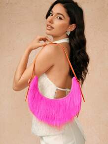 SHEIN SXY Damen Umhängetasche, Hobo Tasche, modisch, elegant, schlicht, personalisiert, vielseitig, Straßenmode, zwei Farben, plüschig, Fell & Flaum, für klassisch, Pendeln, Büro, Date, Alltag, Einkaufen, Nachmittagstee, Herbst und Winter - Heißes Pink - Übersicht 1