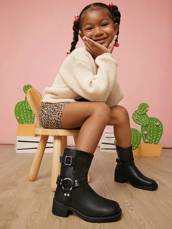 Mini mi Botas moteras negras gruesas para niños talla grande vendidas con correas de doble hebilla y herrajes dorados - Puntera cuadrada cómoda, estilos de uso diario