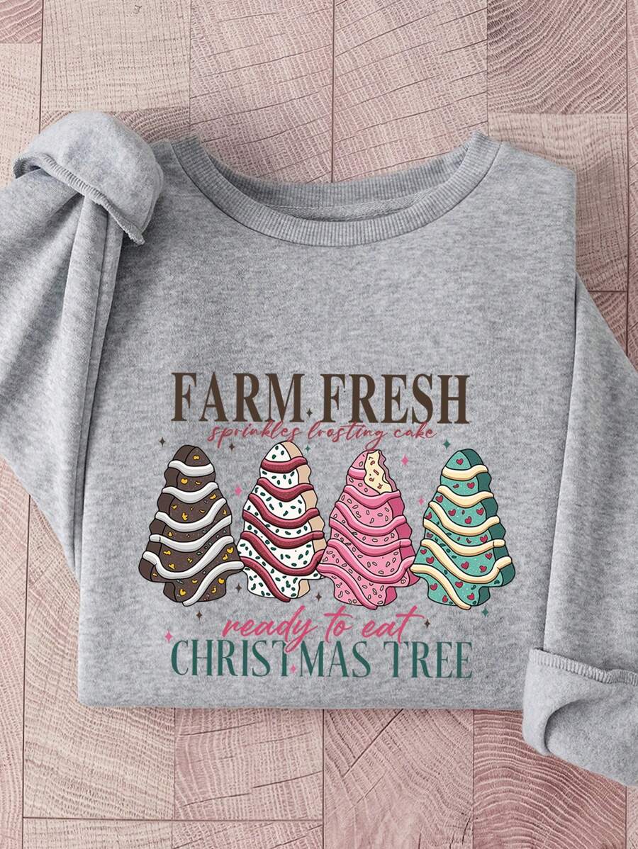 SHEIN EZwear 圣诞树印花羊毛运动衫上衣，休闲秋冬 - 灰色 - 查看 1