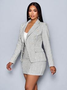 Zolique Plaid Pattern Double Breasted Blazer & Skirt - White - View 6