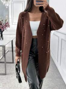 EURMUSE Women Solid Color Rhinestone Detailed Pocket Cardigan - Brown - View 3