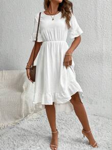 EMERY ROSE 1pc Flounce Sleeve Ruffle Hem Dress Without Belt - White - View 6
