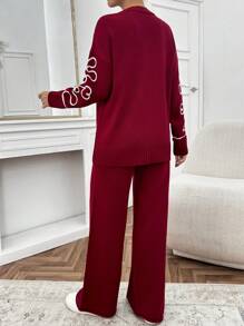 EURMUSE Women Pink Embroidery Detailed Sweater Set - Burgundy - View 2