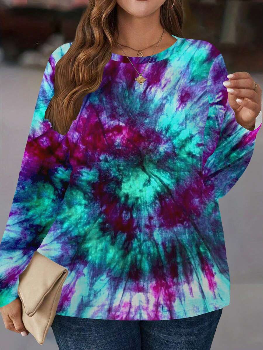 SHEIN LUNE 女式大码不对称扎染随机印花拼色长袖休闲T恤春季 - 彩色 - 查看 1