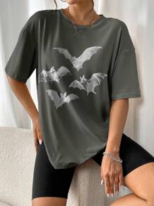 INAWLY Vrouwen Vleermuis Print Ronde Hals Casual Korte Mouw T-shirt Grafische Tees Vrouwen Tops