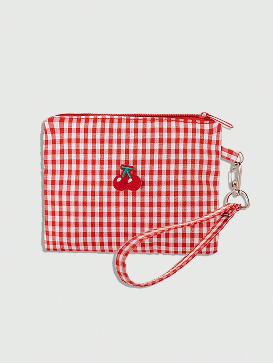ROMWE Kawaii 1 件樱桃刺绣化妆包，便携式化妆包，格子红色化妆盒化妆包 - 彩色 - 查看 1