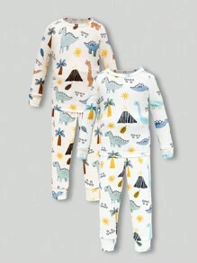 2 Peças Conjunto de Top de Manga Longa e Calça com Estampa de Dinossauro, Ajuste Confortável, Roupas Casuais para Casa, Bebê Menino