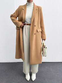 SHEIN Cottnline Women's Solid Double-Breasted Elegant Long Sleeve Overcoat, Autumn/Winter - Khaki - View 5
