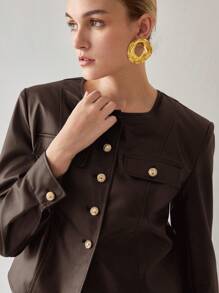 MOTF PREMIUM PU LEATHER FLAP DETAIL SINGLE BREASTED PLACKET JACKET - Brown - View 2