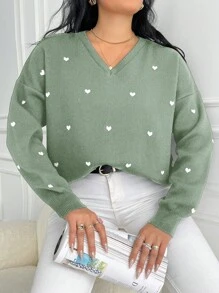 EURMUSE Jersey de punto con cuello en V y estampado de corazón para mujer, tallas grandes, informal y elegante para uso diario en invierno