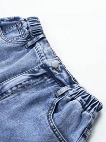 Sparklyn Teen Girl Casual Stone Washed Elastic Waist Wide Leg Baggy Jeans, School, Campus, College - Dark Wash - View 3