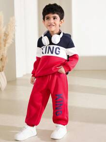 SHEIN 2pcs/Set Boys Casual Colorblock Letter Print Hoodie And Sweatpants Set For Autumn/Winter