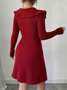 Chiquease 女式彼得潘领荷叶边修身 A 字形毛衣裙，秋冬款 - 酒紅色 - 查看 2