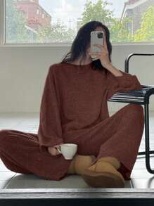 DAZY 2pcs Women Solid Color Loose Knit Sweater And Pants Set,Fall Clothes - Brown - View 3