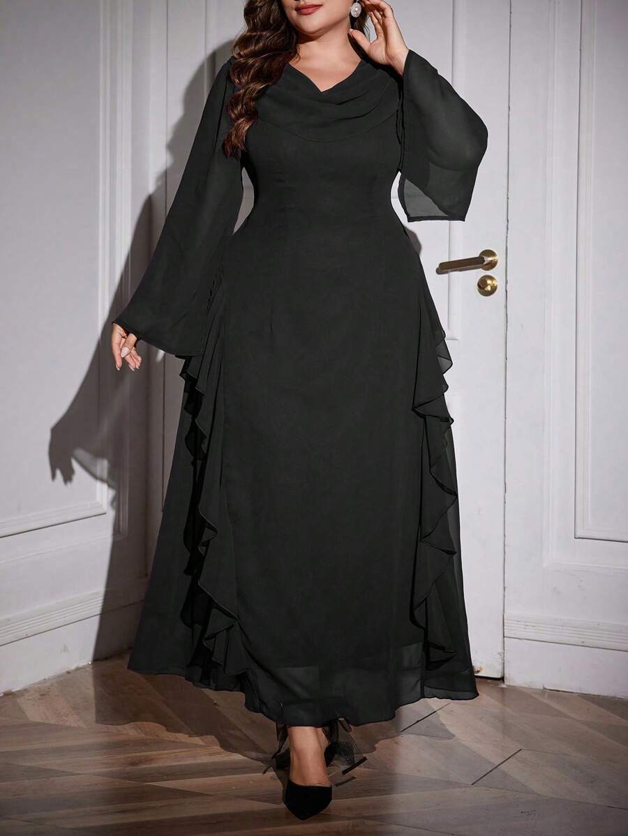 Modelyn Plus Size Women's Draped Neck Long Sleeve Solid Color Seaweed Striped Elegant Party Dress, Elegant A Line Maxi Length Dresses, For Evening Party/Wedding Guest/Anniversary - Black - View 1
