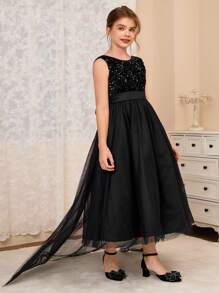 Tween Girl Wedding Formal Dress With Train, Girls Princess Tulle Gown For Runway Show, Piano Performance, Prom, Black