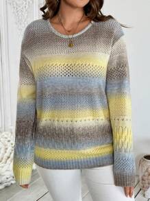 EMERY ROSE Plus Size Women Colorblock Hollow Out Crew Neck Long Sleeve Sweater Pullover - Multicolor - View 3