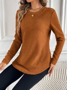 EMERY ROSE Solid Round Neck Teddy Sweatshirt In Fall/Winter - Brown - View 3