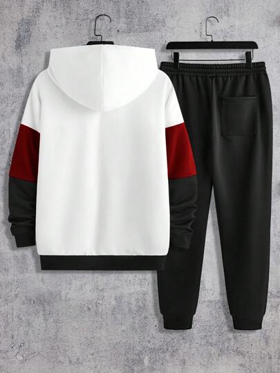 Manfinity VCAY 2 件套男士针织修身拼色长袖连帽运动衫和裤子套装，秋季服装