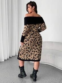 Calvaya Plus Size Vintage Leopard Color-Block Jacquard Off-Shoulder Long Sleeve Slit Hem Sweater Dress For Women, Autumn/Winter - Multicolor - View 2