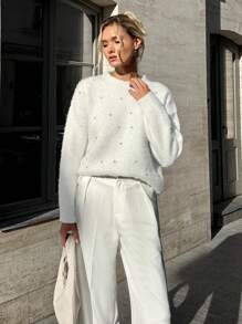 EURMUSE Pulover cu mânecă lungă de pluș, cu decolteu rotund, decorat cu strasuri, de culoare solidă, cu ornamente cu cristale