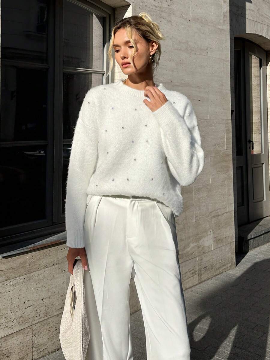 EURMUSE Pulover cu mânecă lungă de pluș, cu decolteu rotund, decorat cu strasuri, de culoare solidă, cu ornamente cu cristale