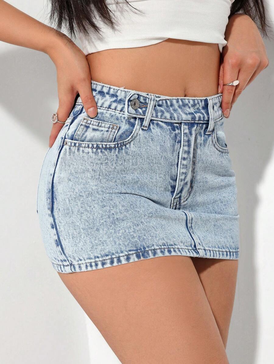 SHEIN PETITE 休闲日常装简约牛仔裙 - 藍色 - 查看 1