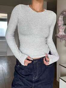 INAWLY Solva Áo thun nữ tay dài cổ tròn màu trơn thời trang xuân thu vải dành cho nữ - Màu Xám nhạt - Xem 9