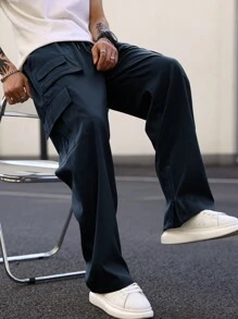 Claim Dot Loose Fit Men Solid Color Slant Pocket Cargo Pants - Navy Blue - View 4