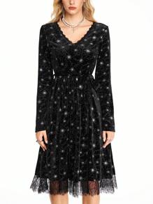 ROMWE Hippie Women Velvet & Lace Trim Floral Bohemian Mini Dress