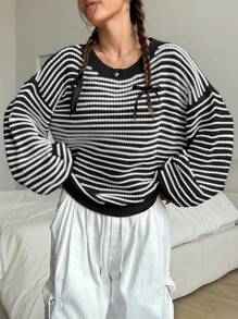 SHEIN Unity Striped Print Casual Versatile Long Sleeve Pullover Sweater Knit Pullover Fall Winter - Black - View 3