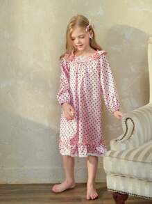 SHEIN Young Girl Soft Long Sleeve Long Nightgown, Elegant And Heart Pattern Design, Comfortable Home Wear