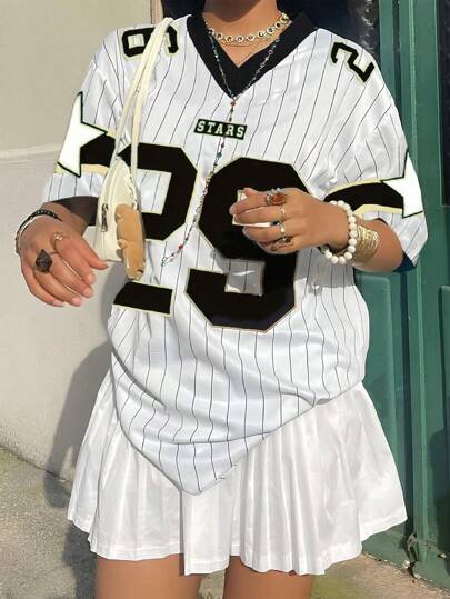 INAWLY 女士新款 V 领休闲运动字母和图案拼接宽松大码短袖粉色 T 恤图案 T 恤女上衣