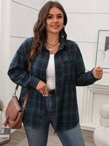 SHEIN LUNE 大码女式格子落肩长袖单排扣休闲衬衫，秋季外出上衣，感恩节女装，新年女装，冬季女装，锐舞派对装 - 綠色 - 查看 5