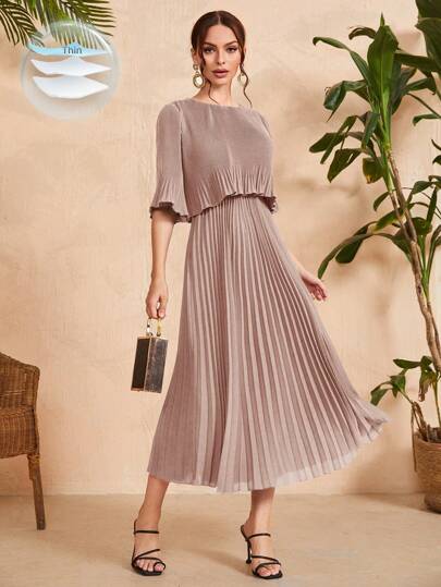 Modelyn Flounce Sleeve Pleated Hem Dress Long Evening Dresses