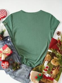 SHEIN LUNE 大码休闲圣诞字母印花短袖 T 恤，适合送礼图案 T 恤女式上衣 - 墨綠色 - 查看 2