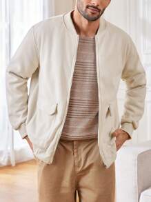Manfinity Homme 男士纯色休闲工装夹克，外出时尚长袖夹克，送给朋友、丈夫、男朋友的礼物 - 杏色 - 查看 1