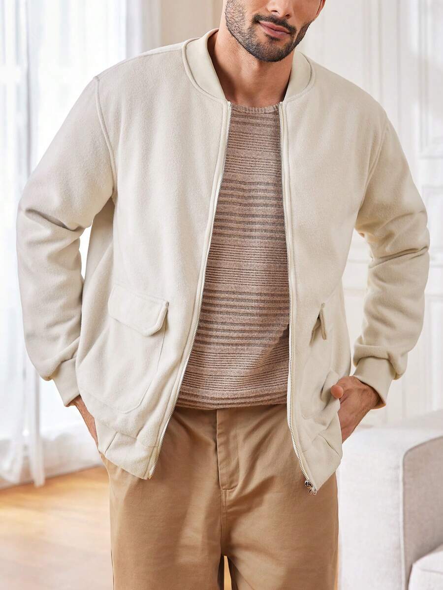 Manfinity Homme 男士纯色休闲工装夹克，外出时尚长袖夹克，送给朋友、丈夫、男朋友的礼物 - 杏色 - 查看 1