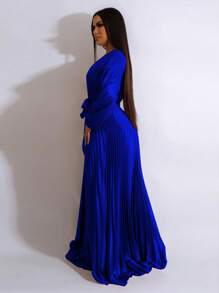 Women's Solid Color Deep V-Neck Belted Pleated Long Sleeve Elegant Dress, Summer Spring - Màu xanh lam - Xem 7