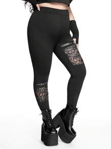 ROMWE Goth Plus Size Women Skeleton Rivet Decor Patchwork Skinny Fashionable Pants - Black - View 6